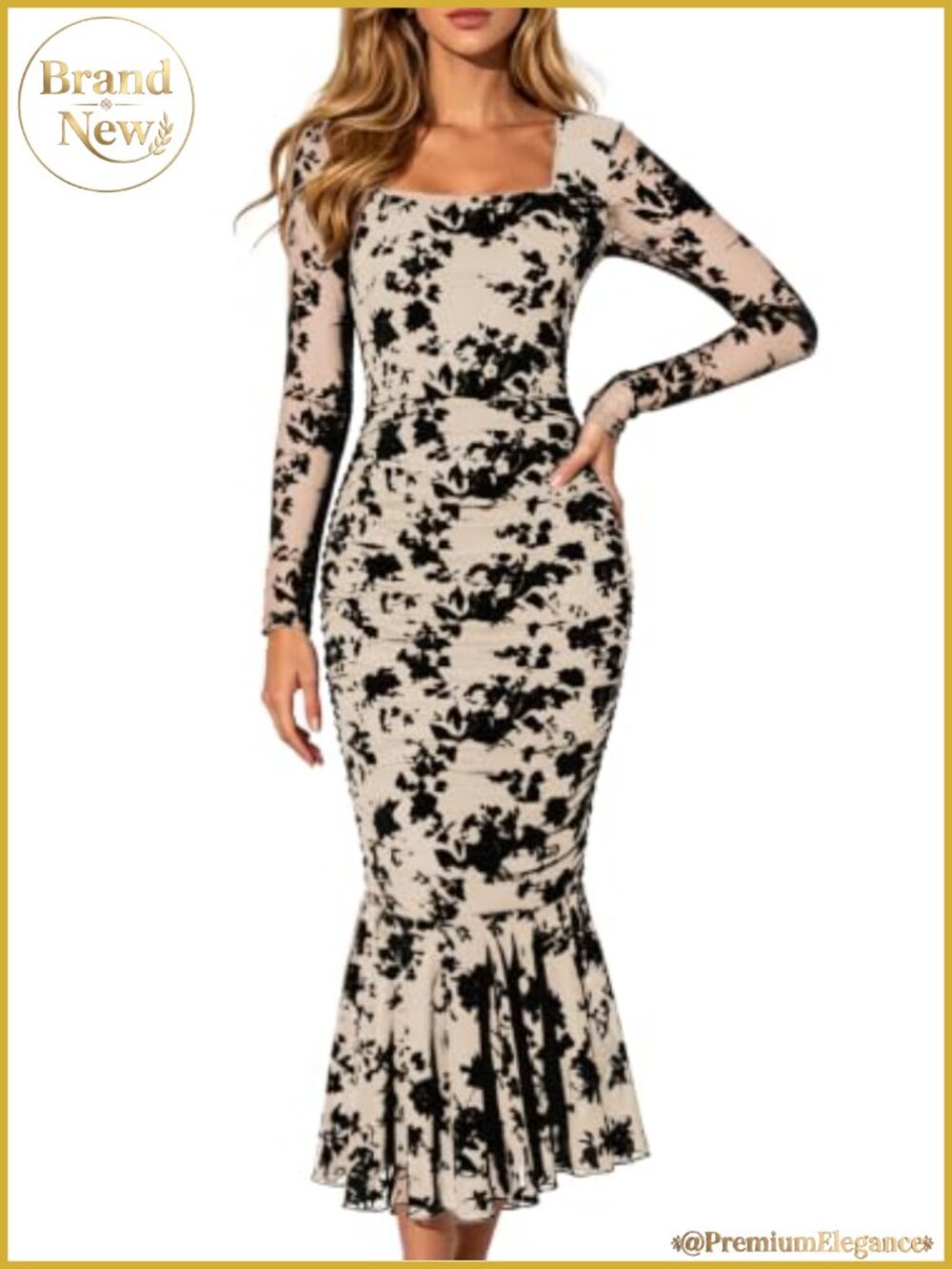MITILLY Women's Long Sleeve Midi Dress Jacquard Knit Mesh Bodycon Formal